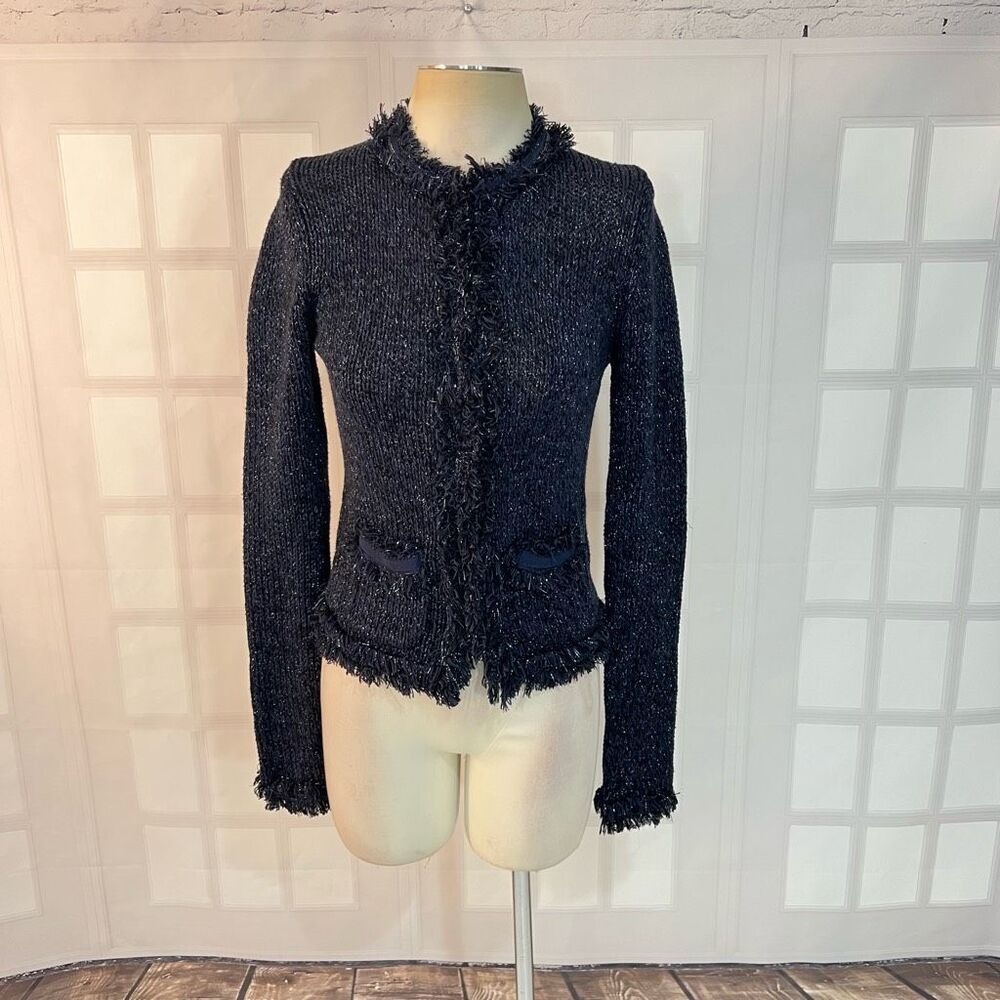 Express Navy Silver Metallic Hints Frayed Knit Long Sleeve Sweater Size Small